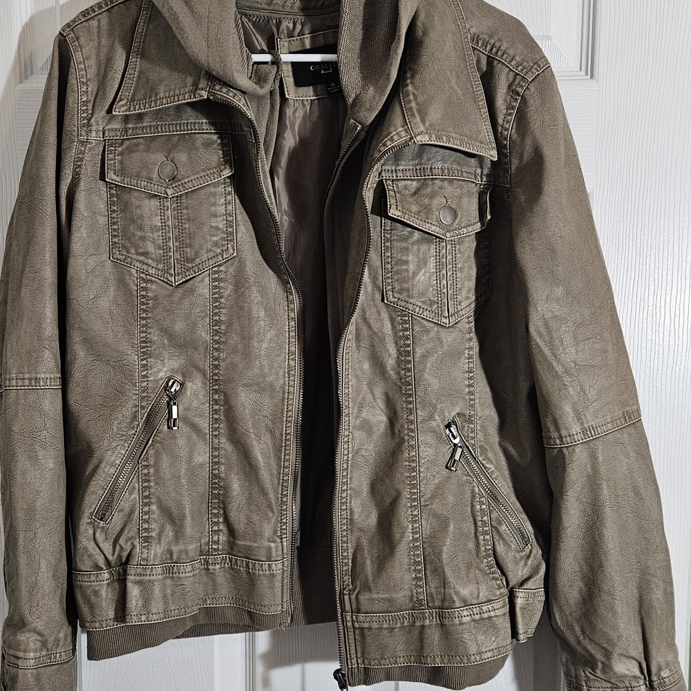 Woman XL Faux Leather Hooded Jacket.Taupe With 4 Pockets Streetwear.